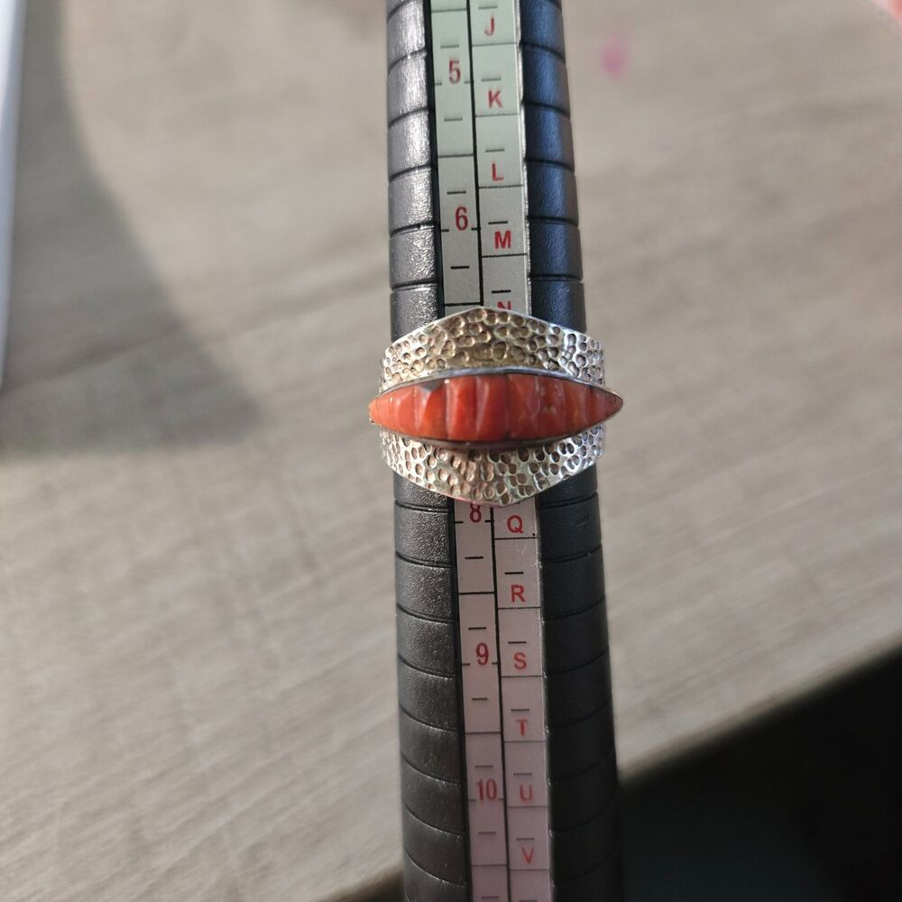 Vintage Sterling Silver Ring with Red Coral Inlay and Hammered Texture